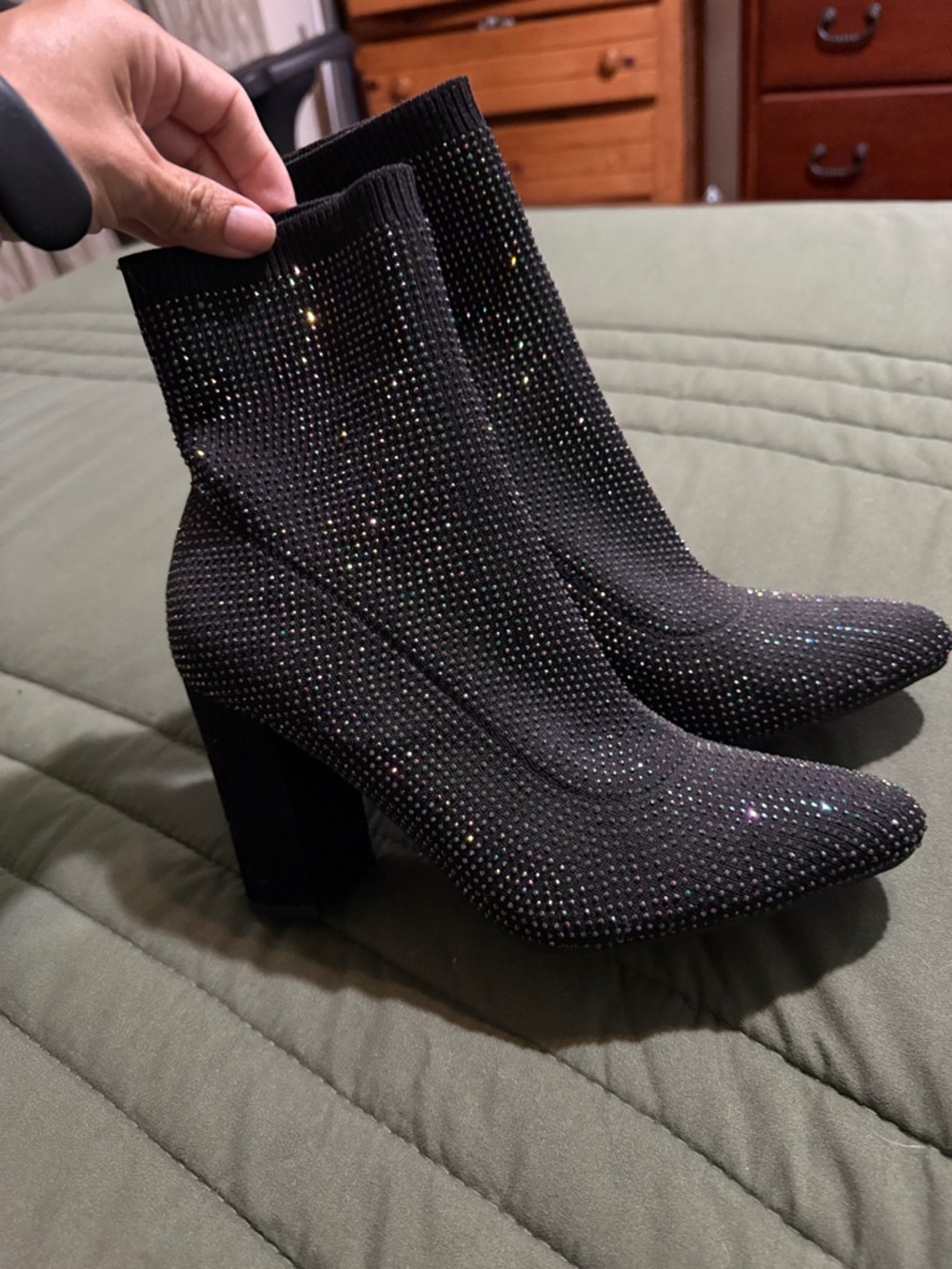 Wild Pair Black Rhinestone Sock Booties with Block Heel